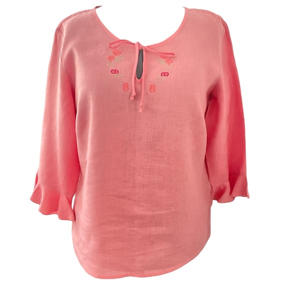 Style & Co. Tops - Style & Co pink peach 100% linen blouse tunic top 3/4 bell sleeve embroidered 14